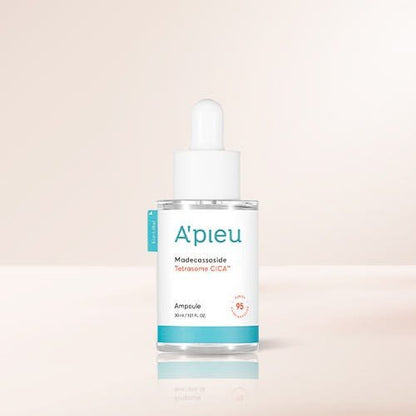 A'pieu Madecassoside Tetrasome CICA Ampoule 30ml with a clear glass dropper bottle for instant calming skincare