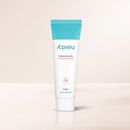 A'pieu Madecassoside Tetrasome CICA Cream 50ml white tube with blue cap offering intensive hydration on light beige background