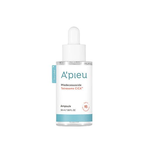 A'pieu Madecassoside Tetrasome CICA Ampoule 50ml in clear bottle with white dropper showcasing vegan skincare benefits