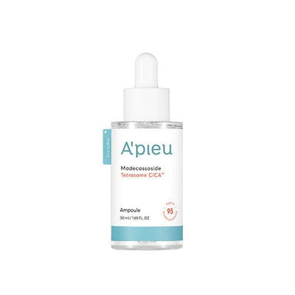 A'pieu Madecassoside Tetrasome CICA Ampoule 50ml in clear bottle with white dropper showcasing vegan skincare benefits