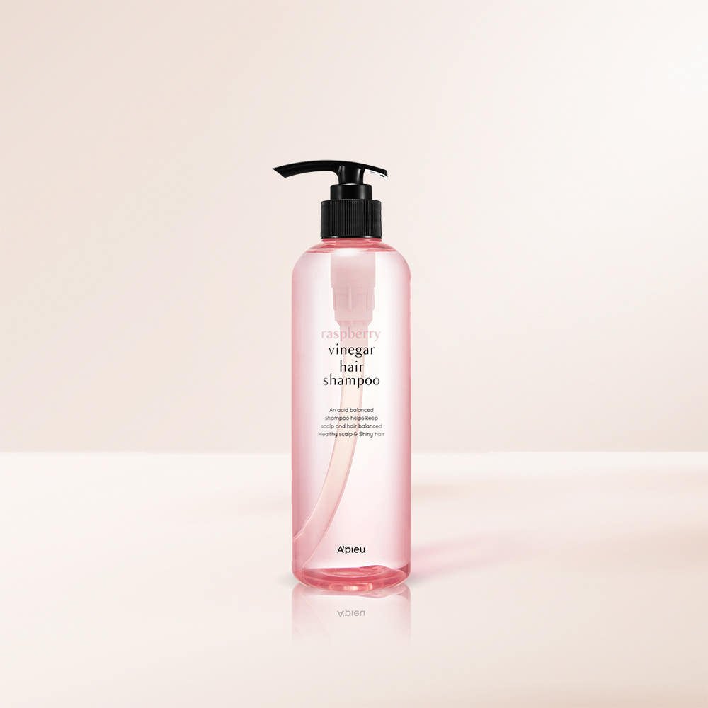 A'pieu Raspberry Vinegar Hair Shampoo 500ml in clear pink bottle with black pump for moisturizing rinse care