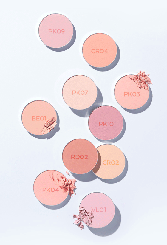 A'pieu Pastel Blusher 4.3g round pans in various vibrant pastel shades arranged on white background