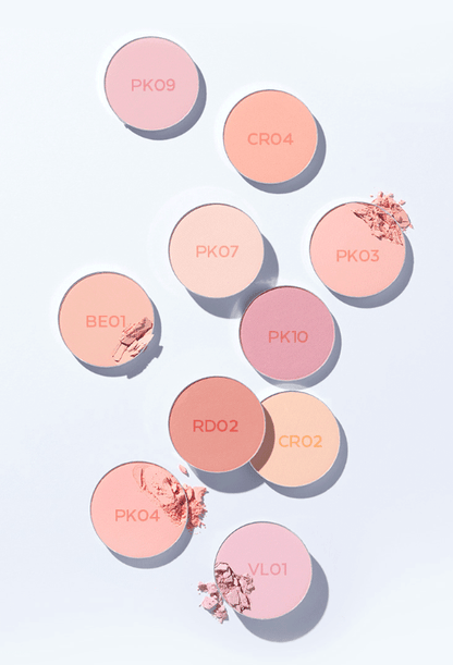 A'pieu Pastel Blusher 4.3g round pans in various vibrant pastel shades arranged on white background