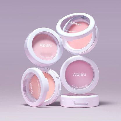 A'pieu Pastel Blusher 4.3g in soft pastel shades showcasing vibrant color with white compact cases and clear lids