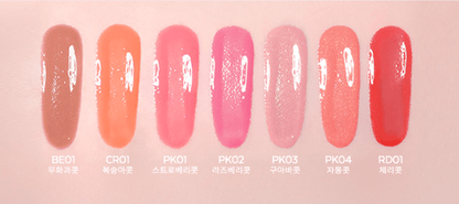 A'pieu Juicy Pang Water Blusher 9g swatches in soft coral, pink, and red shades showcasing vibrant color finish
