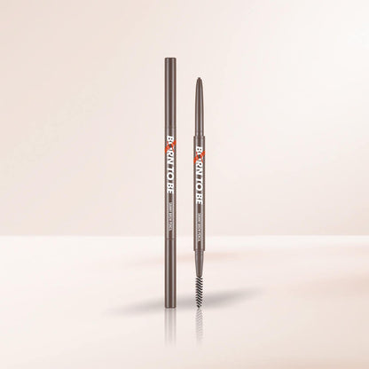 A'pieu Born To Be Madproof Skinny Brow Pencil #01 Dark Brown with precision tip and spoolie brush on beige background