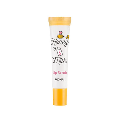 A'pieu Honey & Milk Lip Scrub 8ml tube with yellow cap and gentle exfoliation benefits for soft lips
