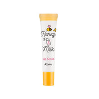 A'pieu Honey & Milk Lip Scrub 8ml in white and yellow tube with gentle exfoliating formula for soft lips