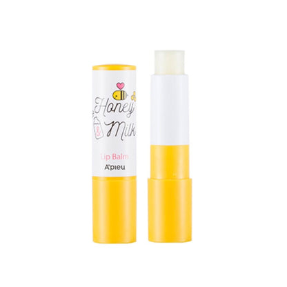 A'pieu Honey & Milk Lip Balm 3.3g in yellow and white packaging with illustrations for long-lasting hydration