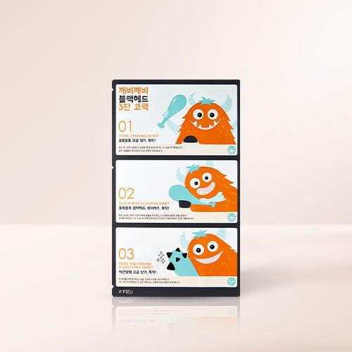 A'pieu Goblin Blackhead 3-Step Nose Pack 3 SET(9pcs) with playful orange monster illustration for effective blackhead removal