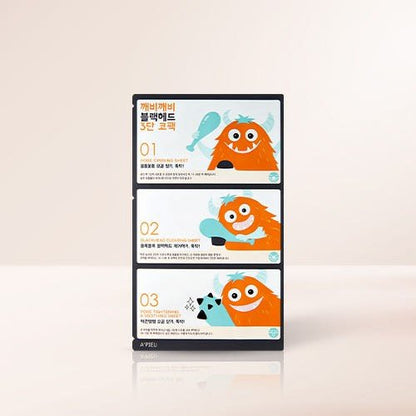 A'pieu Goblin Blackhead 3-Step Nose Pack 3 SET(9pcs) featuring playful orange monster illustrations with step-by-step blackhead care