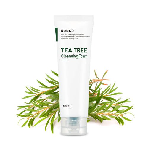 A'pieu Nonco Tea Tree Cleansing Foam 130ml tube with tea tree leaves for soothing acne relief and clear skin care