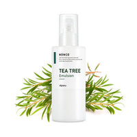 A'pieu Nonco Tea Tree Emulsion 210ml with quick absorption in a white pump bottle and green tea tree leaves behind
