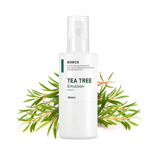 A'pieu Nonco Tea Tree Emulsion 210ml with quick absorption in a white pump bottle and green tea tree leaves behind