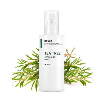 A'pieu Nonco Tea Tree Emulsion 210ml with quick absorption in a white pump bottle and green tea tree leaves behind