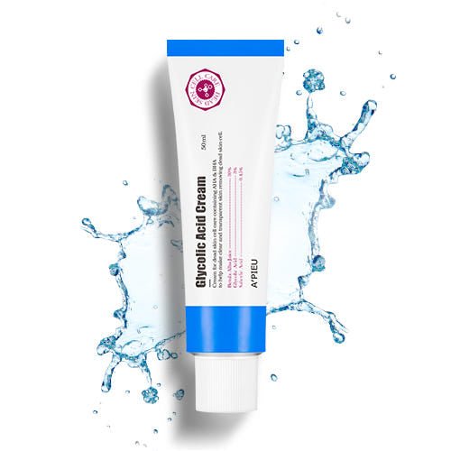 A'pieu Glycolic Acid Cream 50ml in white and blue tube with water splash background highlighting exfoliation benefits