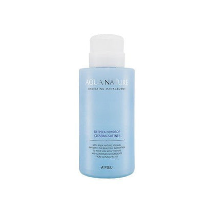 A'pieu Aqua Nature Deep-sea Dew Drop Clearing Softner 500ml in translucent blue bottle with hydration boost formula