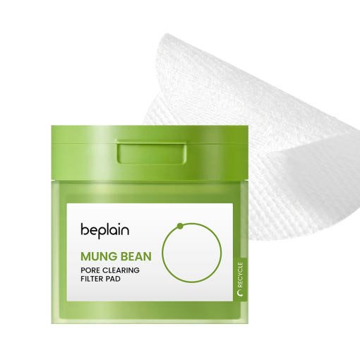 beplain Mung Bean Pore Clearing Filter Pad 180ml/70ea in green jar with textured white filter pads for gentle cleansing