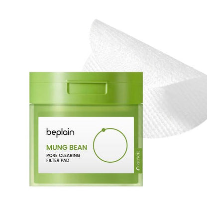 beplain Mung Bean Pore Clearing Filter Pad 180ml/70ea in green jar with white textured cleansing pad for gentle cleansing