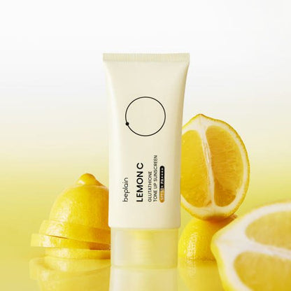 beplain Lemon C Glutathione Tone Up Sunscreen SPF50+ PA++++ 50ml in pale yellow tube with lemon slices for brightening effect