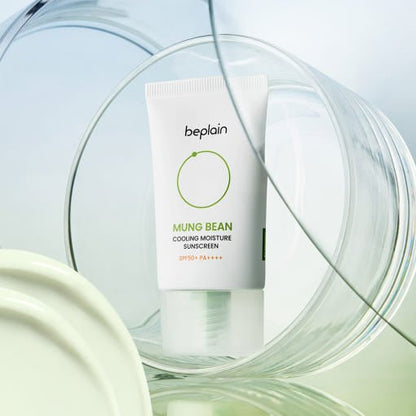 beplain Mung Bean Cooling Moisture Sunscreen SPF50+ PA++++ 50ml in white tube with green details for strong protection