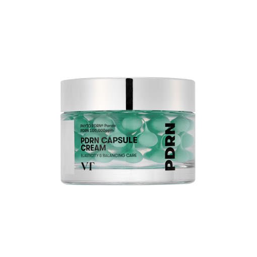 VT PDRN Capsule Cream 100 50ml in clear jar with silver lid featuring radiance boost and skin elasticity care capsules