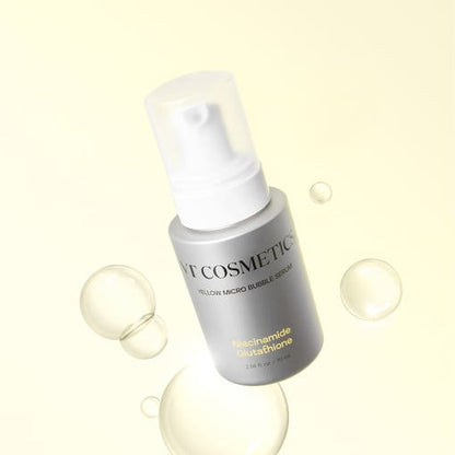 VT Niacinamide Glutathione Yellow Micro Bubble Serum 70ml bottle with floating transparent bubbles on soft yellow background