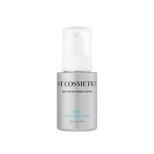 VT PDRN Hyaluronic Acid Mint Micro Bubble Serum 70ml in silver pump bottle offering deep hydration benefits