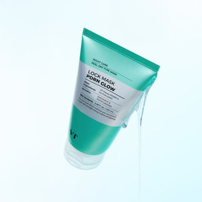 VT PDRN Glow Lock Mask 100ml in green tube with clear gel pouring out, featuring glow lock care for radiant skin