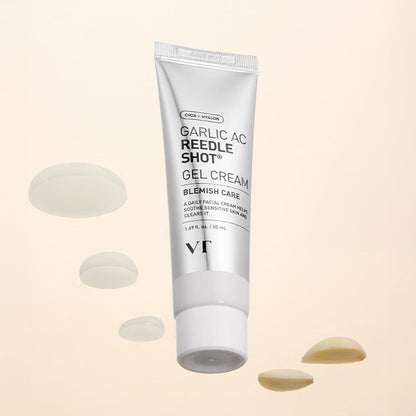 VT Garlic AC Reedle Shot Gel Cream 50ml in silver tube with gel texture for clear complexion and blemish care benefits