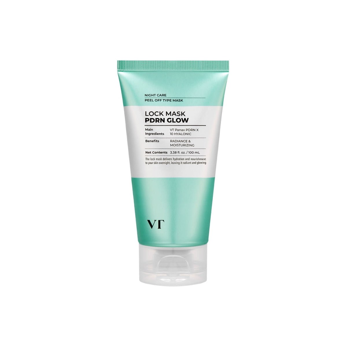 VT PDRN Glow Lock Mask 100ml in a turquoise tube offering glow lock care for radiant, moisturized skin at night