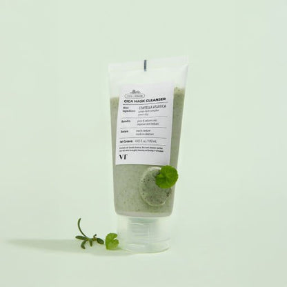 VT CICA MASK CLEANSER 120ml in clear tube with green cleansing gel and fresh centella leaves for gentle cleansing benefits