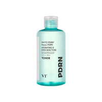 Clear aqua blue toner bottle with black text highlighting hydration and even skin tone benefits