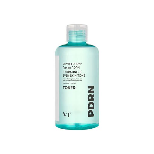 Clear aqua blue toner bottle with black text highlighting hydration and even skin tone benefits