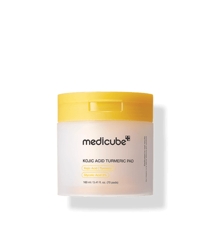 White jar with yellow lid containing medicube Kojic Acid Turmeric Pad 160ml/70ea for brightening and exfoliation
