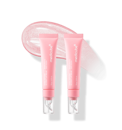 medicube PDRN Peptide Glossy Lip Balm Double 10g x2 in pink tubes with clear applicators and glossy swatch for deep hydration