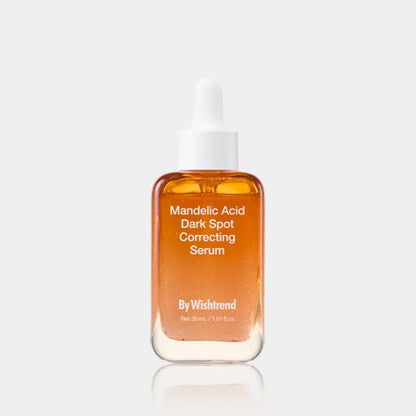 [By Wishtrend] Mandelic Acid Dark Spot Correcting Serum 30ml in amber glass bottle with white dropper cap for skin brightening benefits