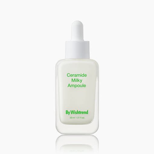 [By Wishtrend] Ceramide Milky Ampoule 30ml in clear bottle with white dropper featuring soothing formula for skin care use