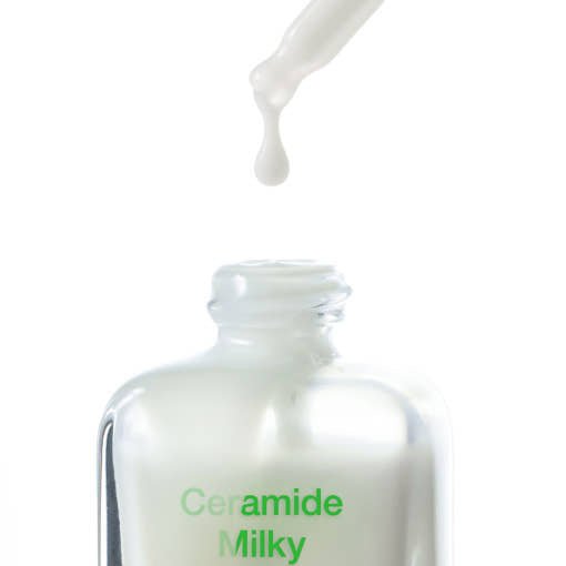 [By Wishtrend] Ceramide Milky Ampoule 30ml in a clear bottle with white milky serum and soothing formula benefits