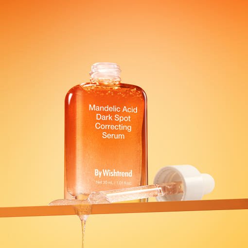 [By Wishtrend] Mandelic Acid Dark Spot Correcting Serum 30ml amber bottle with dropper showing clear gel texture for dark spot correction