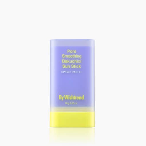 [By Wishtrend] Pore Smoothing Bakuchiol Sun Stick SPF50+ PA++++ 18g in purple and yellow packaging for UV protection
