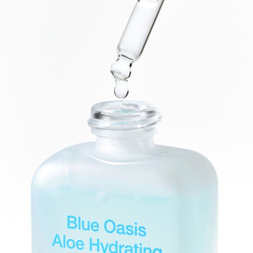 [By Wishtrend] Blue Oasis Aloe Hydrating Serum 30ml bottle with dropper releasing clear serum drop for hydration benefits