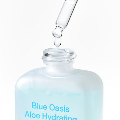[By Wishtrend] Blue Oasis Aloe Hydrating Serum 30ml bottle with dropper releasing clear serum drop for hydration benefits