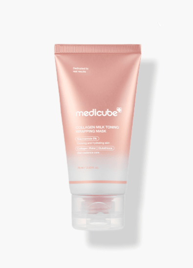 medicube Collagen Milk Toning Wrapping Mask 75ml tube in soft pink with clear cap for enhanced elasticity