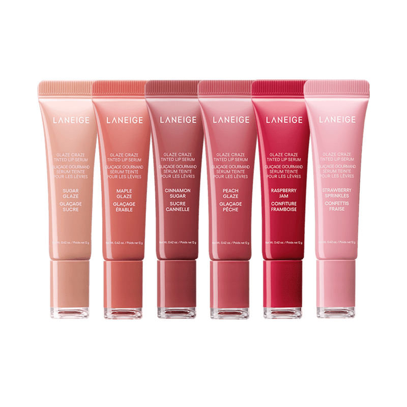 LANEIGE Glaze Craze Tinted Lip Serum 15g in six shades showcasing a hydrating formula with smooth glossy finish