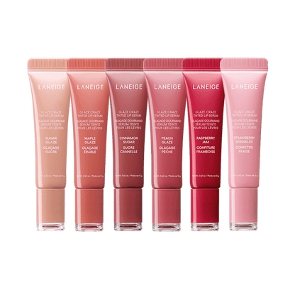 LANEIGE Glaze Craze Tinted Lip Serum 15g in six shades showcasing a hydrating formula with smooth glossy finish