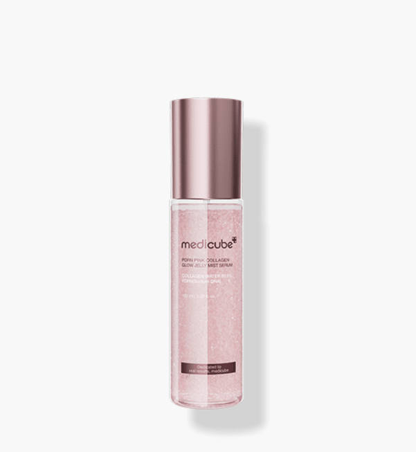 medicube PDRN PINK COLLAGEN GLOW JELLY MIST SERUM 100ml bottle with shimmering pink jelly serum and rose gold cap