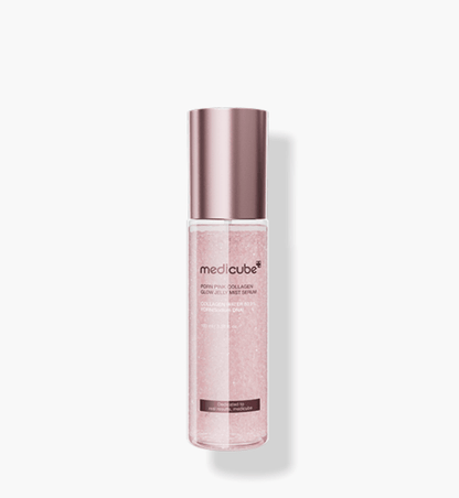 medicube PDRN PINK COLLAGEN GLOW JELLY MIST SERUM 100ml in transparent bottle with shimmery pink liquid inside