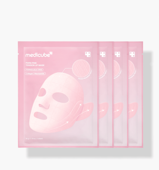medicube PDRN PINK TENSION UP MASK SET 34g X 4ea with instant lift effect in pink sachets showcasing face mask design