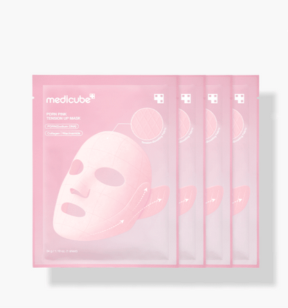 medicube PDRN PINK TENSION UP MASK SET 34g X 4ea with instant lift effect in pink sachets showcasing face mask design